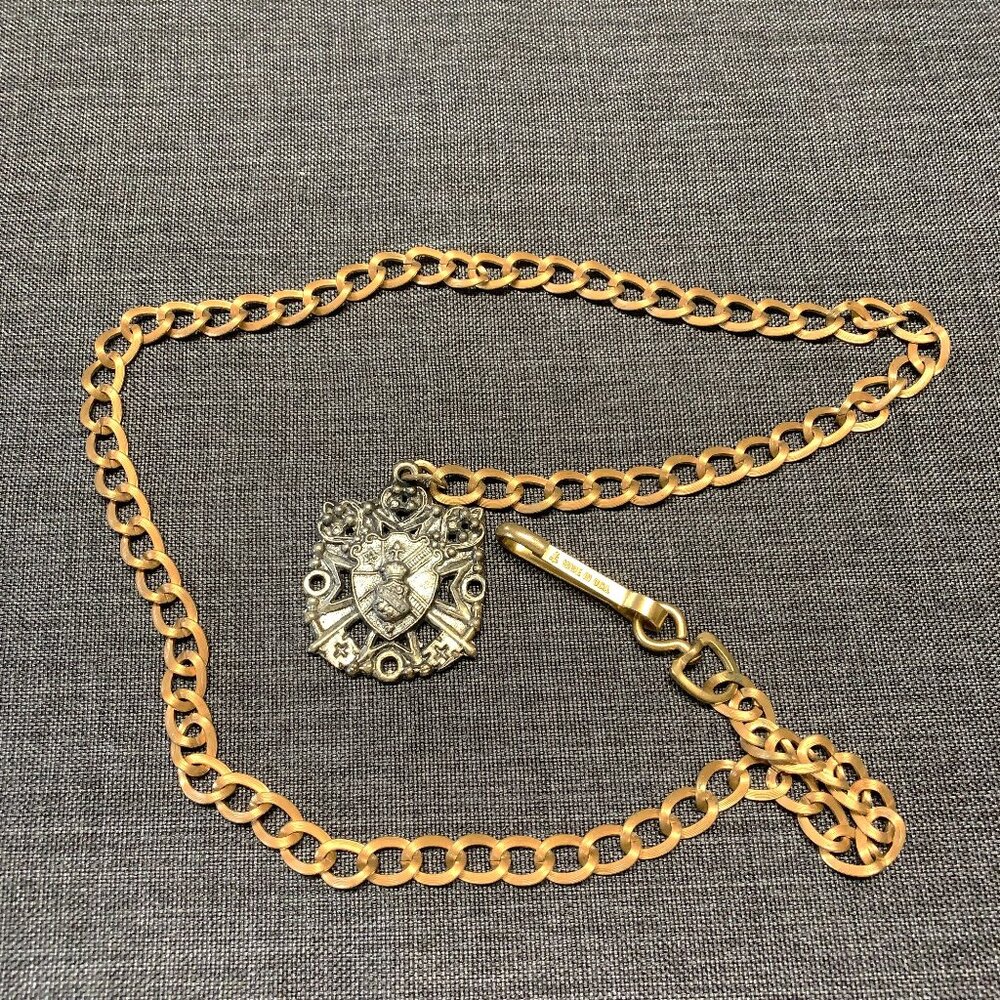 Vintage Brass Clip on Chain and Metal Medallion Pendant ~34 “USA